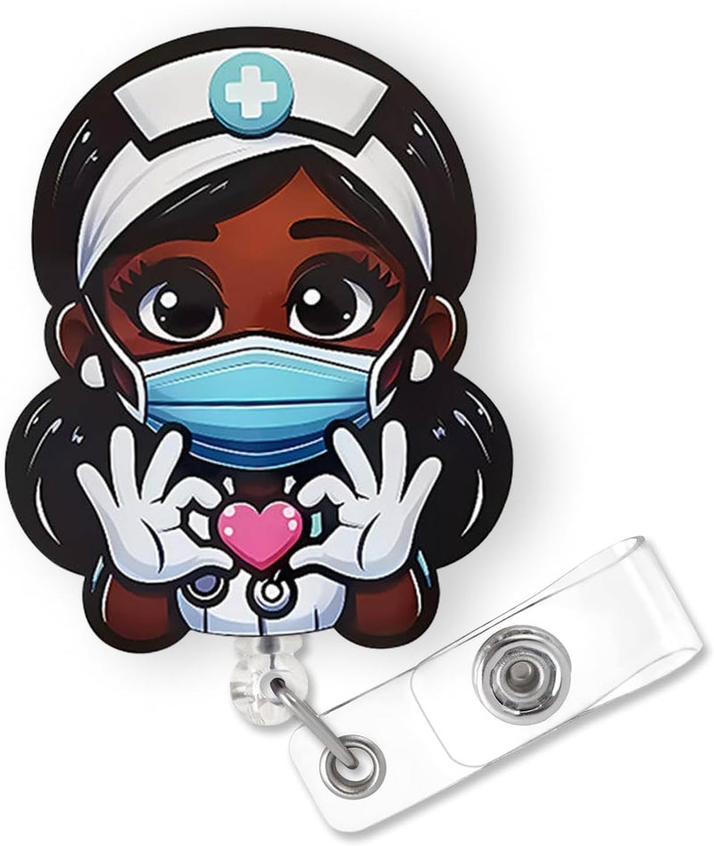 Bydevia Cute Black Girl Badge Reel Retractable for African American Nurse Nursing RN LPN & Medical Assistant | Funny Black Girl Nurse ID Badge Holder with Alligator Clip & 24” Durable Nylon Cord | Acrylic - Image 1